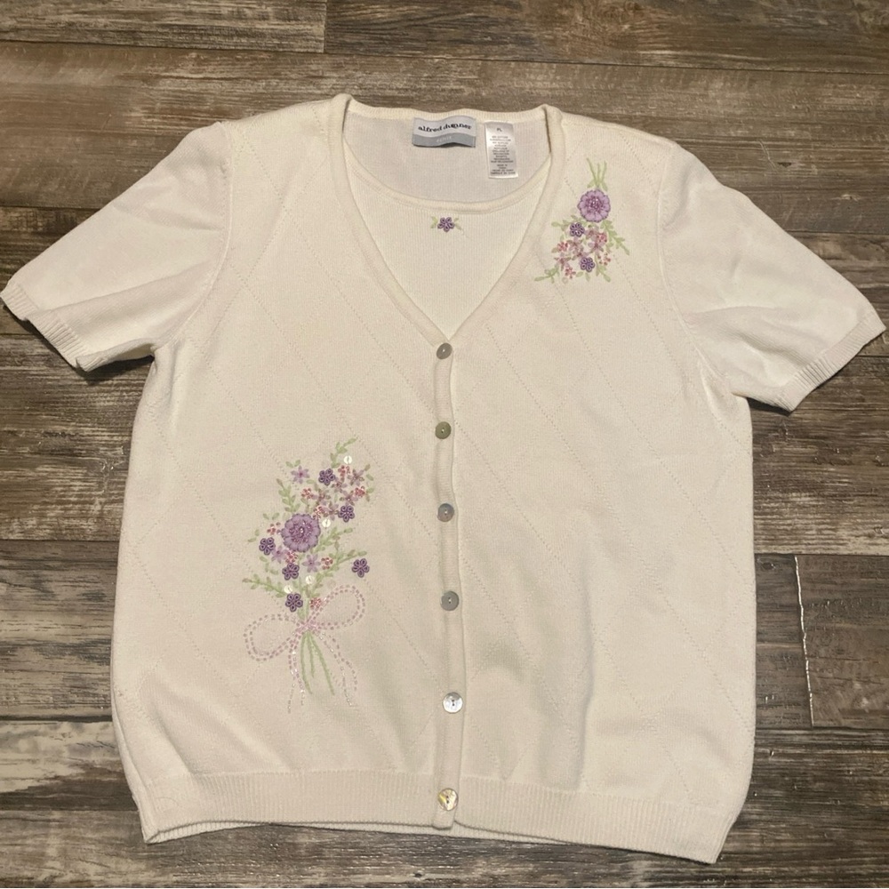 Alfred Dunner Cream Cardigan with Purple Floral Embroidery